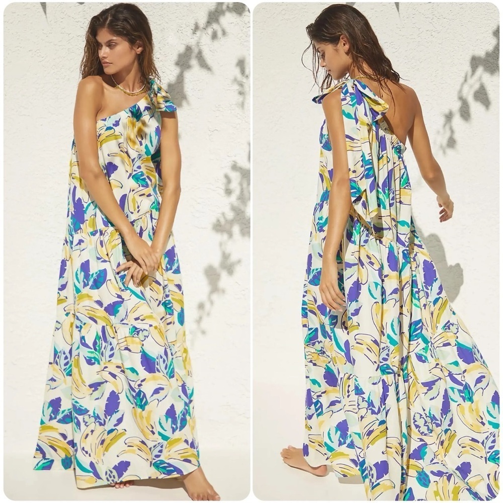 Anthropologie One Shoulder Tie Maxi Dress Sz M NEW Abstract Banana 100% Cotton